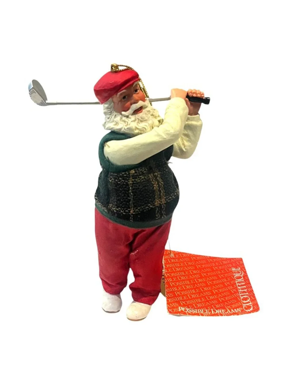 Clothique Possible Dreams Santa Golfer Hanging Christmas Tree Ornament 6.5'' NEW